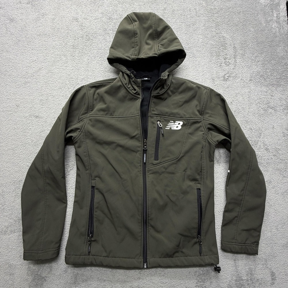 New Balance Jacket‎ Mens Small Green Hooded Softshell Fleece Lined Zip Pockets